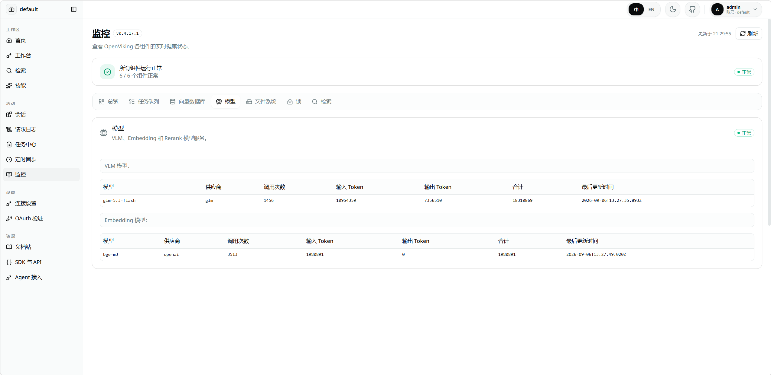 OpenViking模型调用量统计实拍